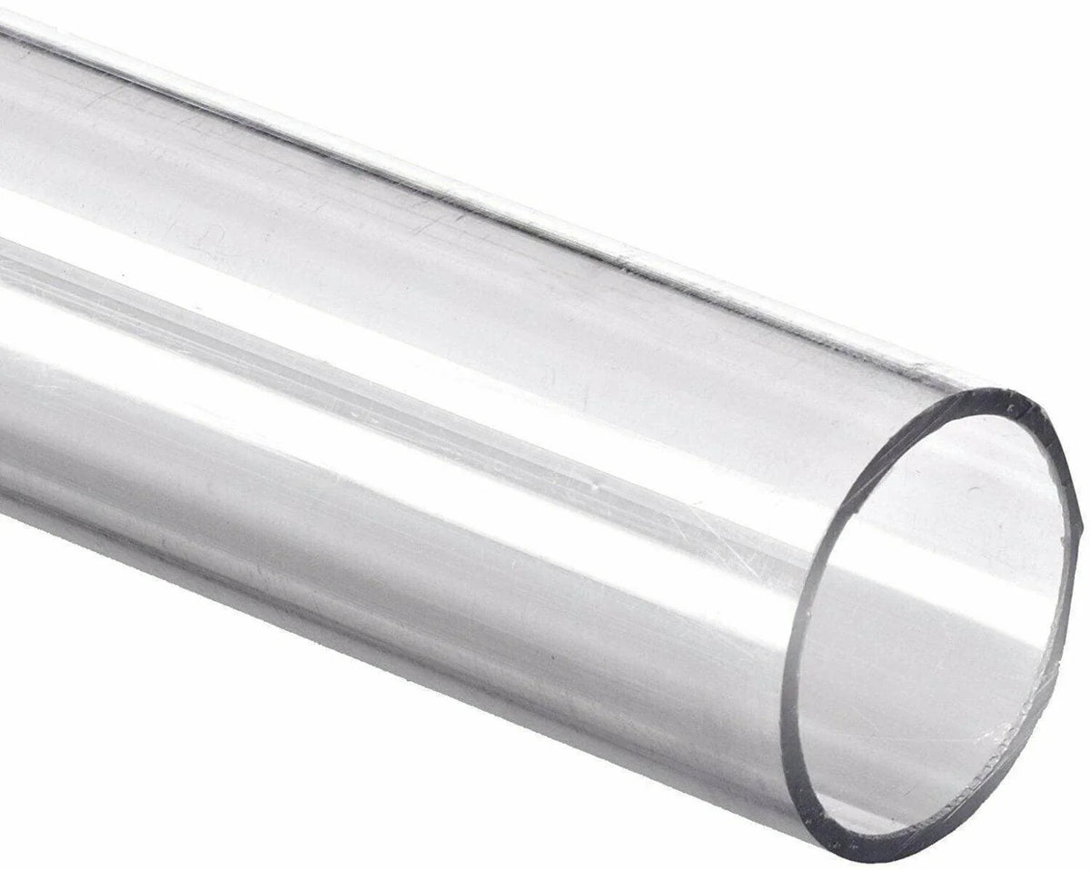 Clear acrylic plastic tubing round pipe, 43mm diameter, 117cm length, close-up view