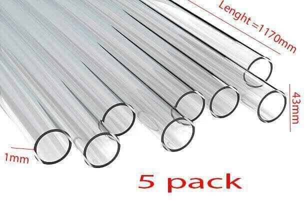 Set of five clear acrylic plastic tubes, 1170mm length, 43mm diameter, 1mm wall, round pipe.
