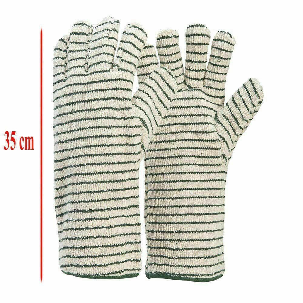 Pair of striped, terry gauntlet oven gloves, 35 cm long, workwear safety kitchen mitts