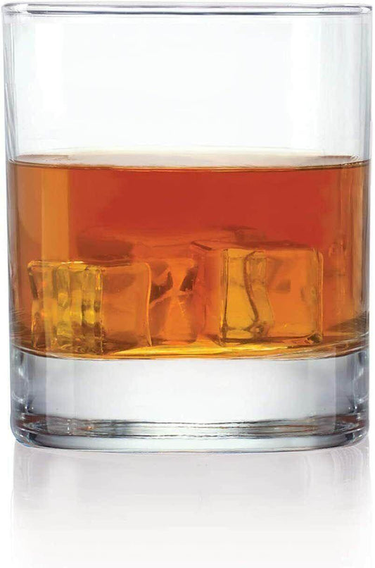 Clear recycled glass tumbler with amber liquid and ice cubes, 300ml capacity