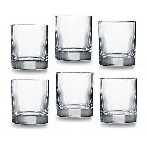 Set of six clear recycled glass whiskey tumblers, 300ml each, arranged on white background