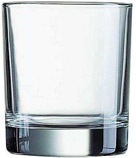 Clear Luminarc recycled tumbler whiskey glass, 300ml, empty, on white background