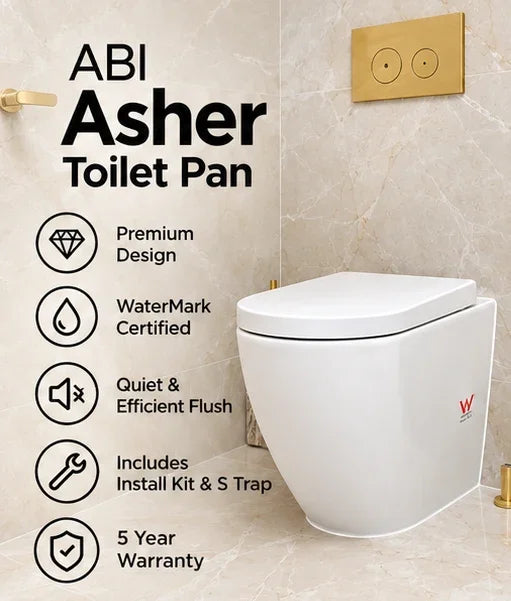 ABI Asher white toilet pan with features and warranty details on a marble wall background