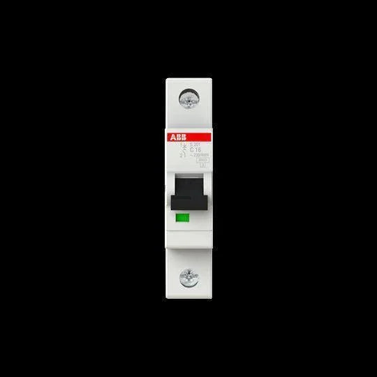 1-pole miniature circuit breaker with black switch and green indicator, front view