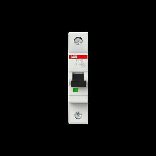 1-pole miniature circuit breaker with black switch and green indicator, front view