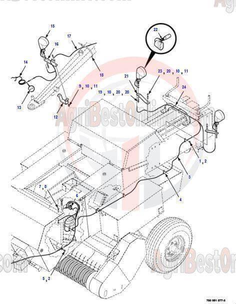 Massey Ferguson tractor headlamp wiring diagram with labeled parts and electrical connections.