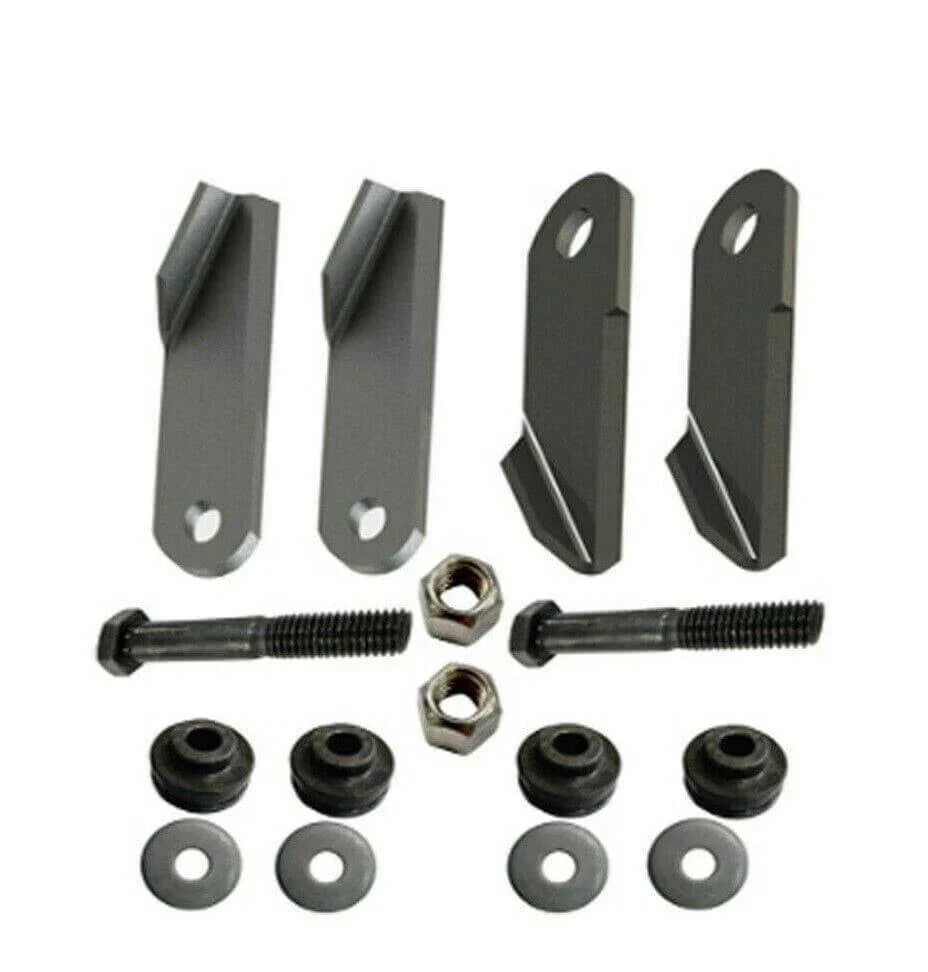 Set of four metal chopper blades with bolts, nuts, washers, and bushings for tractor