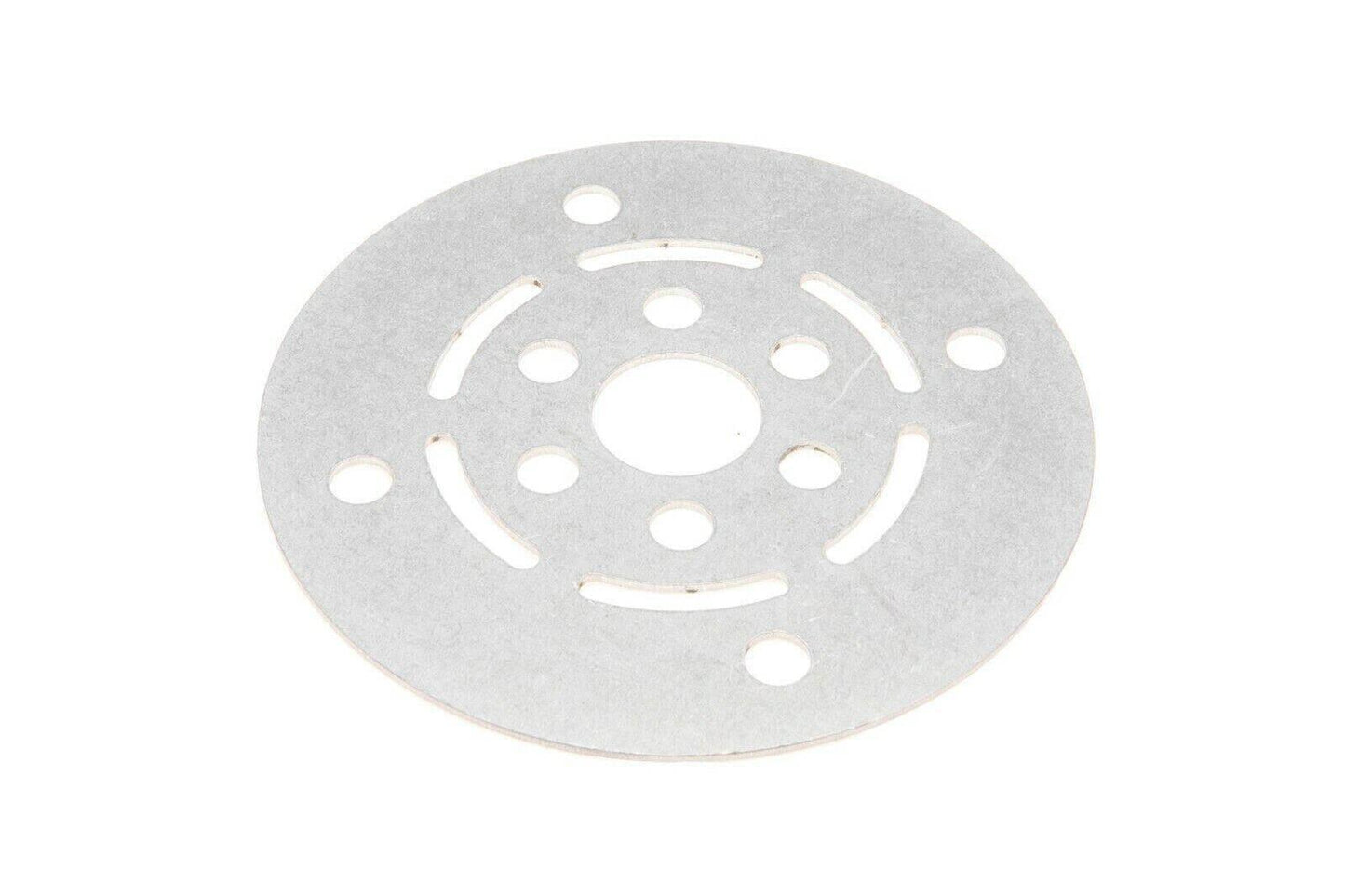 Round metal plate element with multiple holes for tractor or machinery parts