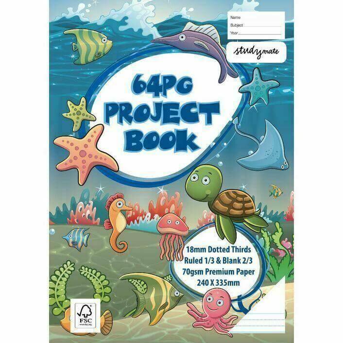 Kids project book with 64 pages, underwater cartoon sea animals, 18mm dotted thirds.