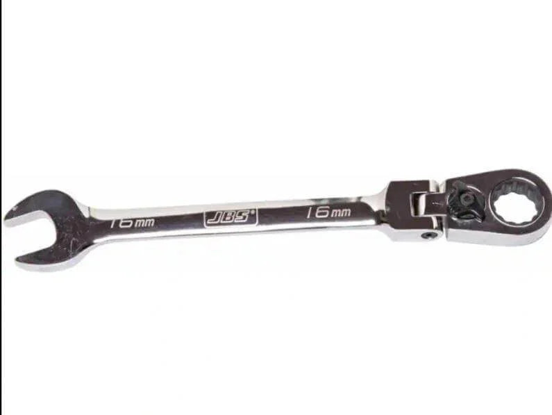 16mm metric combination spanner with ratchet ring and open end, flexible head, chrome finish