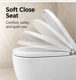 ABI Asher white toilet pan featuring a soft close seat in motion for quiet use.