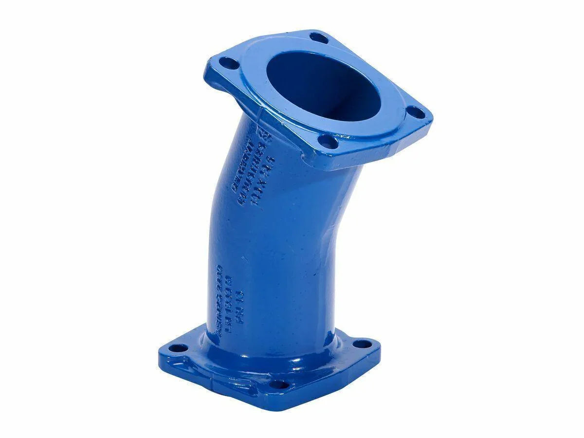 Blue ductile iron flange bend pipe fitting, 100mm x 22.5 degrees, PN16, isolated on white
