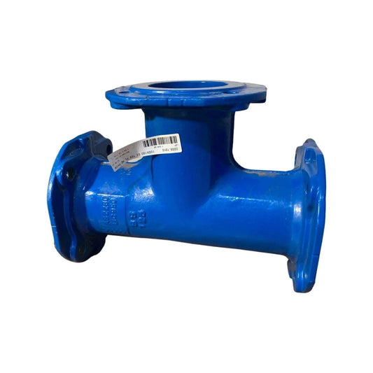Blue ductile iron flange tee fitting for pipe systems, 100mm PN16, isolated on white background