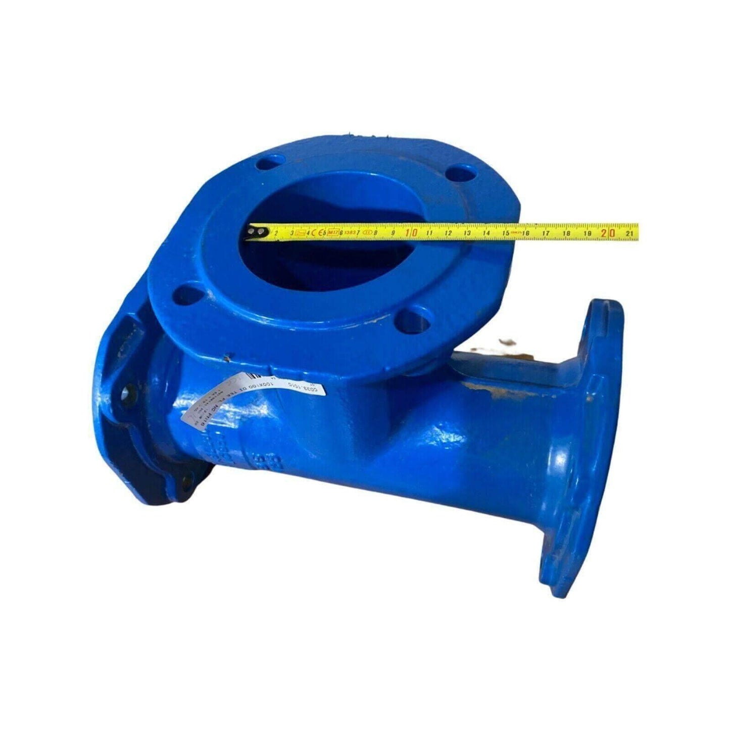 Blue ductile iron flange tee pipe fitting with PN16 rating, 100mm diameter, tape measure across opening