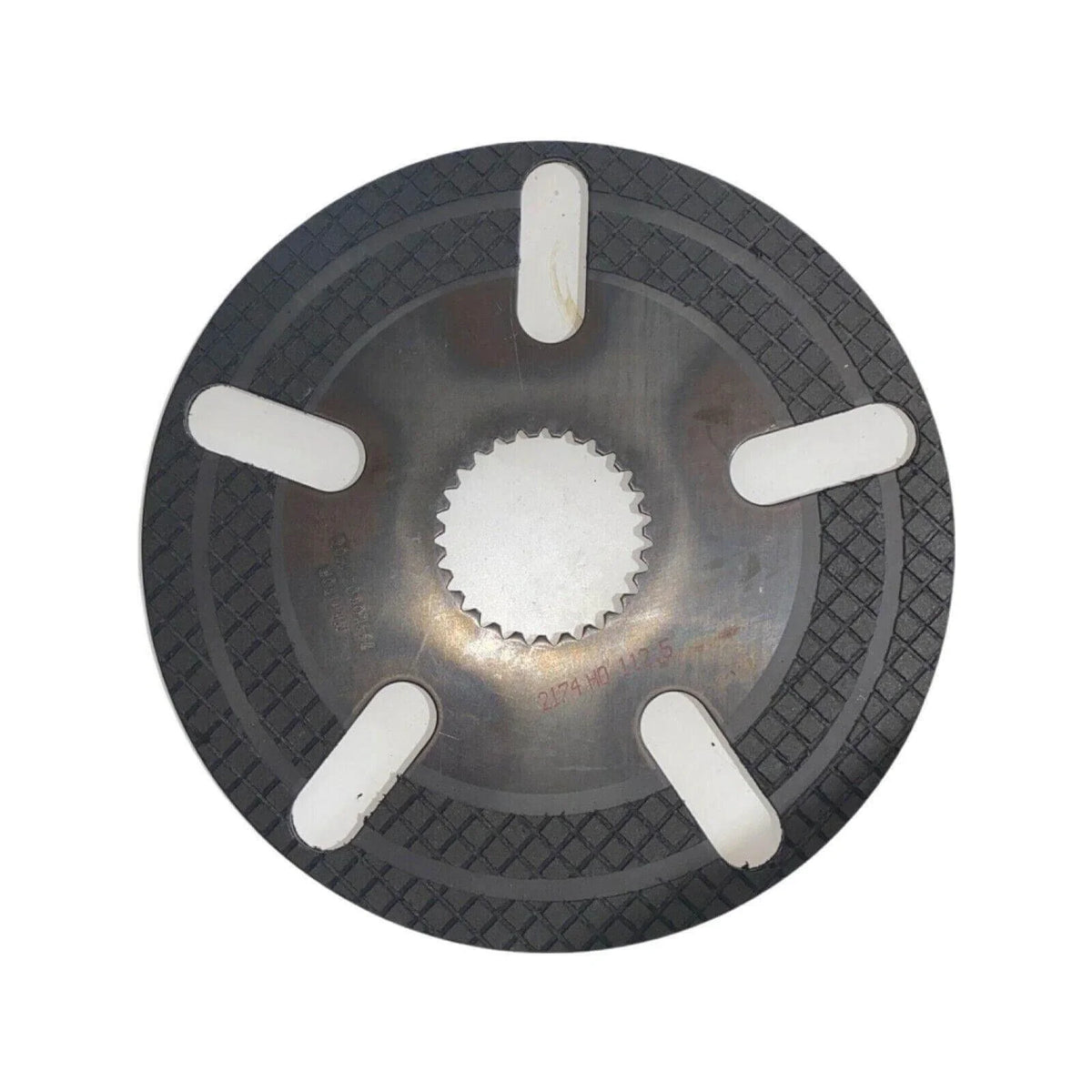 Round metal tractor brake disc with textured edge and five white slots, for Massey Ferguson
