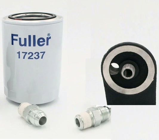 Transmission oil filter kit with filter canister labeled Fuller 17237 and two metal fittings