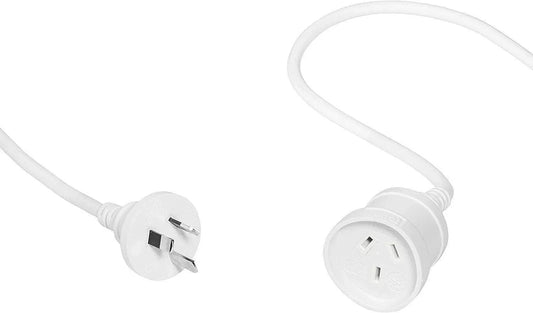 White Australian power extension lead with plug and socket on white background