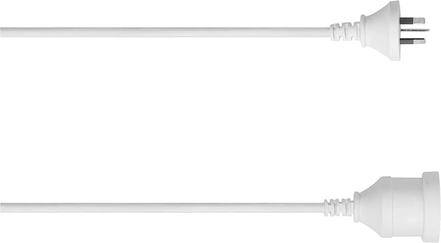White 5m Australian extension lead with 3-pin plug and socket, 10 amp household duty
