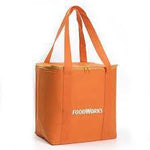 Orange insulated tote bag with FOODWORKS logo, ideal for food transport and storage