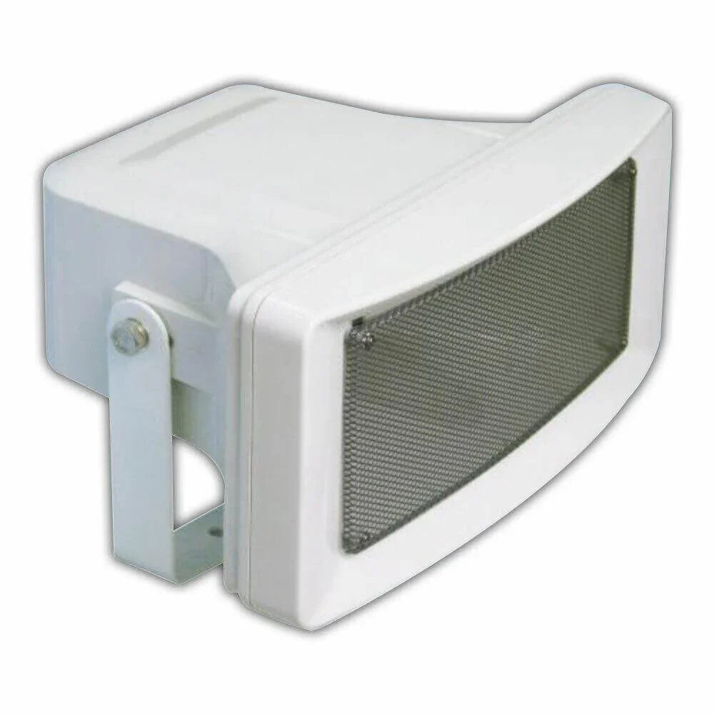 White IP66-rated projector speaker with mounting bracket and metal grille