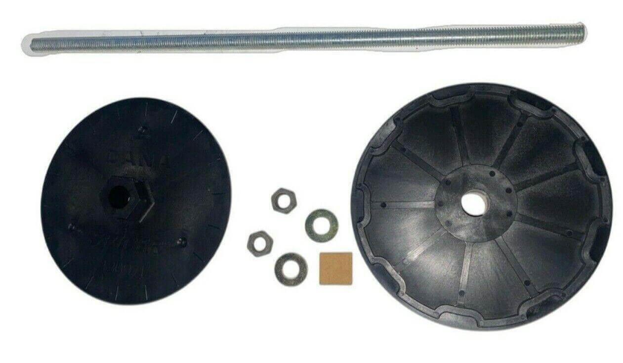 Wheel differential bearing adjustment tool kit with threaded rod, two black discs, nuts, and washers