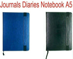 A5 diaries with blue and black leather covers, 160 pages, notebook journal design.