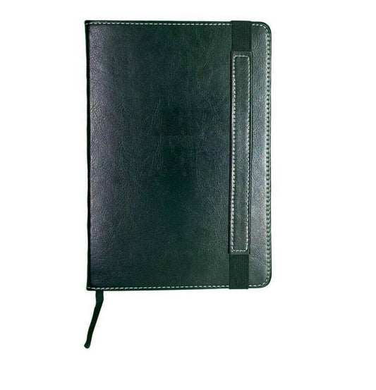 A5 black leather journal notebook with pen loop, elastic band, and stitched edges