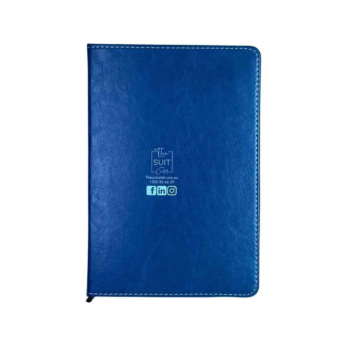 A5 navy blue leather cover notebook with stitched edges and printed contact details on front