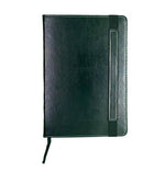 A5 black leather cover journal notebook with pen loop and white stitching, closed.