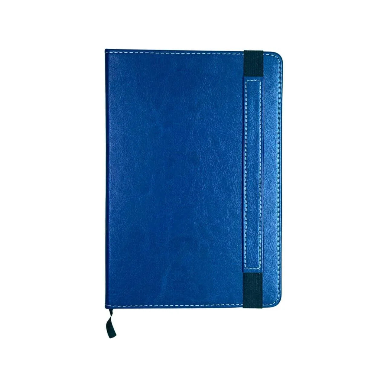 A5 navy leather cover notebook with elastic pen loop and white stitching, closed view