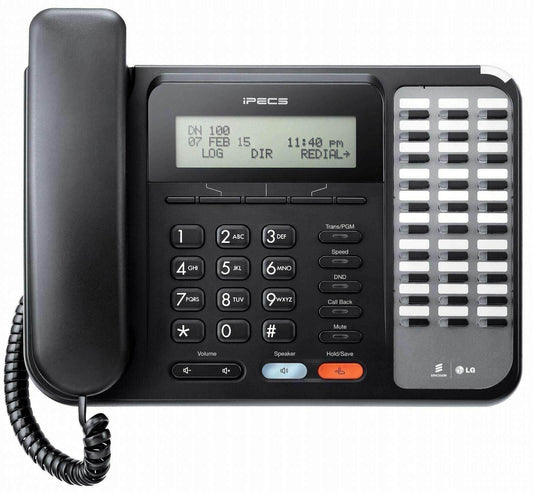 Digital office desk phone with display screen, numeric keypad, and multiple feature buttons