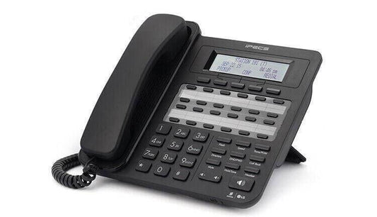 Professional office desk phone with LCD display, multiple function keys, and corded handset