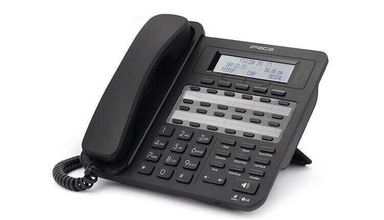 Professional office desk phone with LCD display, multiple function keys, and corded handset