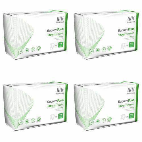 Four packs of Lille SupremForm 100% breathable large shaped incontinence pads