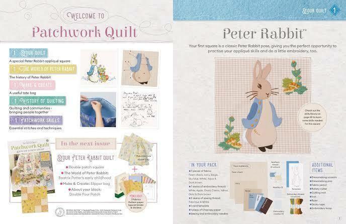 Patchwork quilt kit with Peter Rabbit applique pattern, fabric pieces, and quilting instructions.