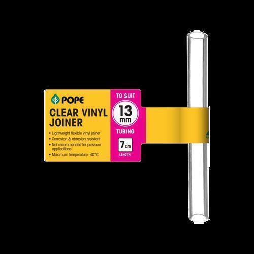 Clear vinyl joiner tubing 13mm diameter, 7cm length, displayed with product label against black background