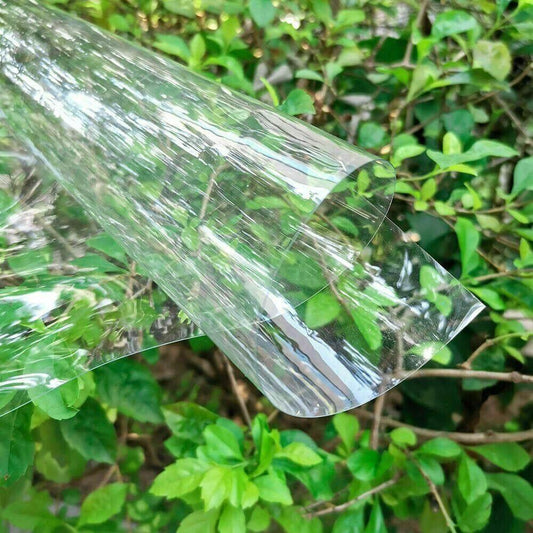 Transparent PVC vinyl film roll, waterproof plastic sheet outdoors near green leaves