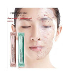 Woman with half face covered in rose hydrating peel-off jelly mask, skincare packets shown.