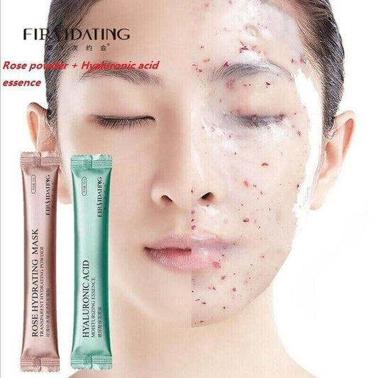 Woman applying rose hydrating peel-off jelly mask with visible rose petals and hyaluronic acid sachets