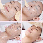Woman relaxing with hydrating jelly peel-off facial mask being applied and removed, skincare treatment