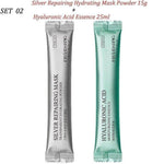 Silver repairing hydrating mask powder and hyaluronic acid essence set, product packaging.