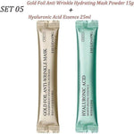 Gold foil anti-wrinkle hydrating mask powder and hyaluronic acid essence sachets side by side