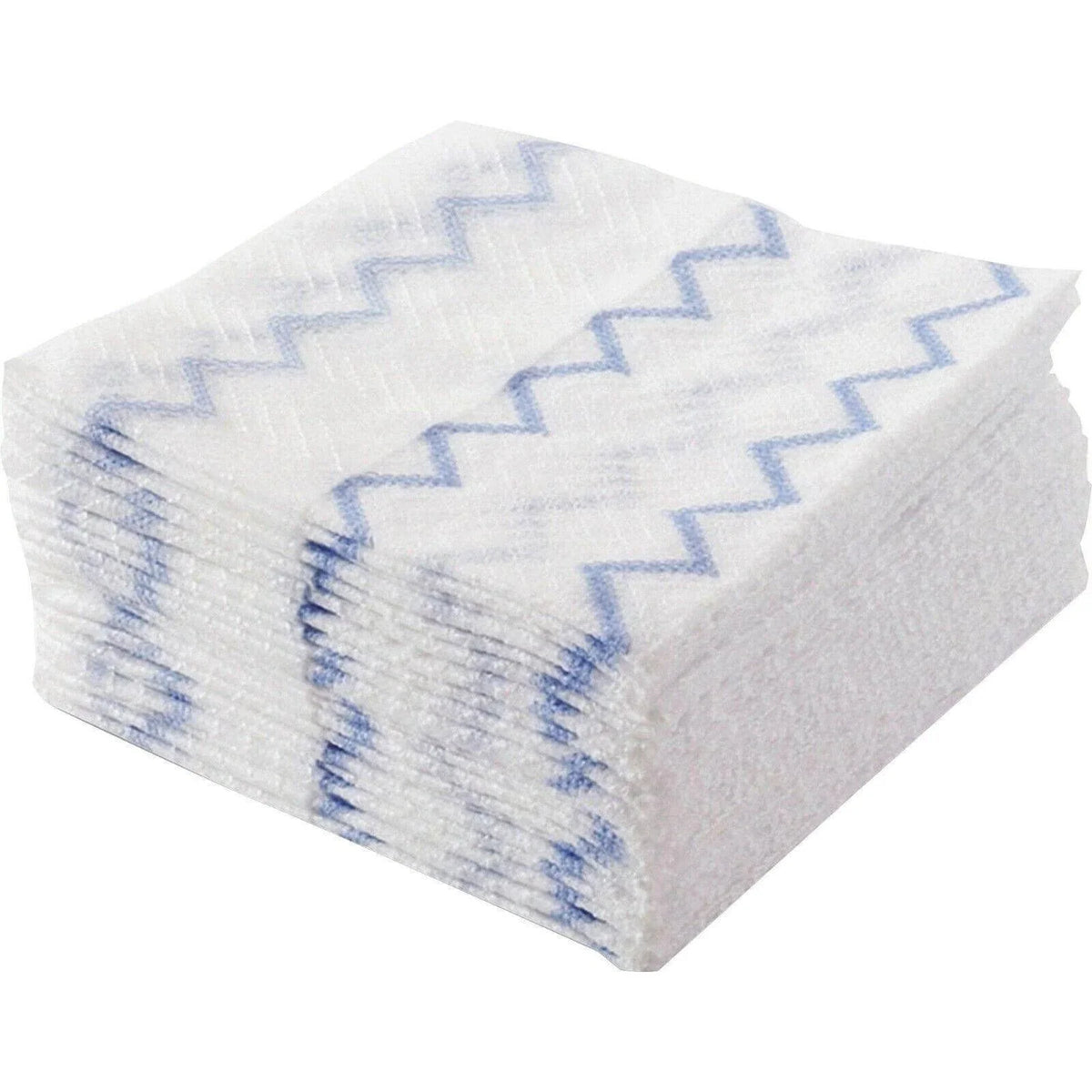 Stack of white disposable microfiber cleaning cloths with blue zigzag pattern