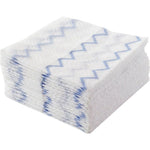 Stack of white disposable microfiber cleaning cloths with blue zigzag pattern