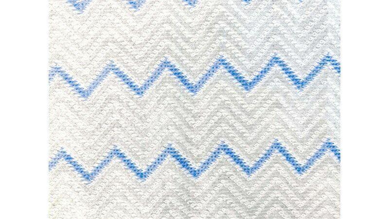 White disposable microfiber cleaning cloth with textured blue zigzag pattern