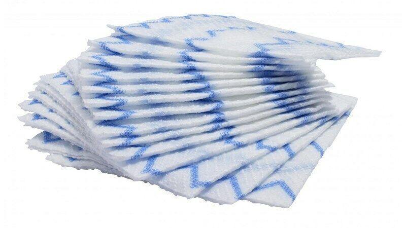 Stack of disposable microfiber cleaning cloths with blue zigzag pattern