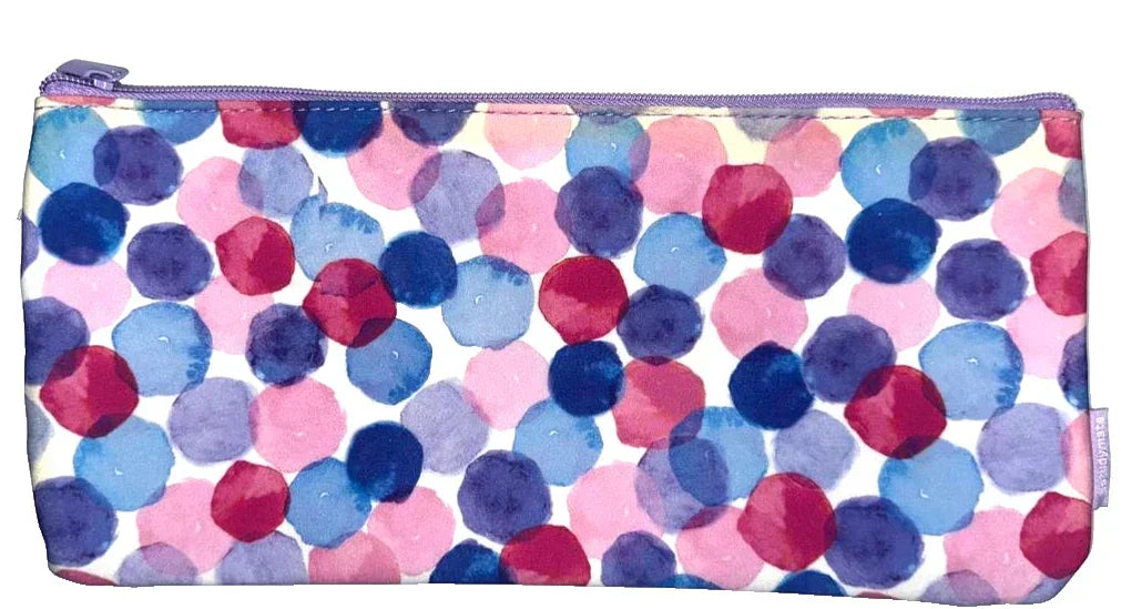 Colorful polka dot pencil case with purple zipper, multi-color spots pattern