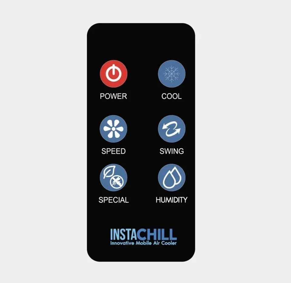 Instachill mobile air cooler remote with power, cool, speed, swing, special, and humidity controls