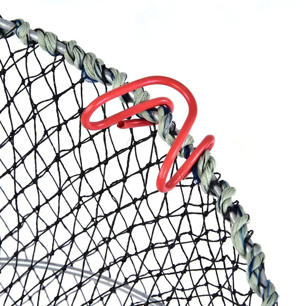 Fishing net with red handle and black mesh, ideal for outdoor use