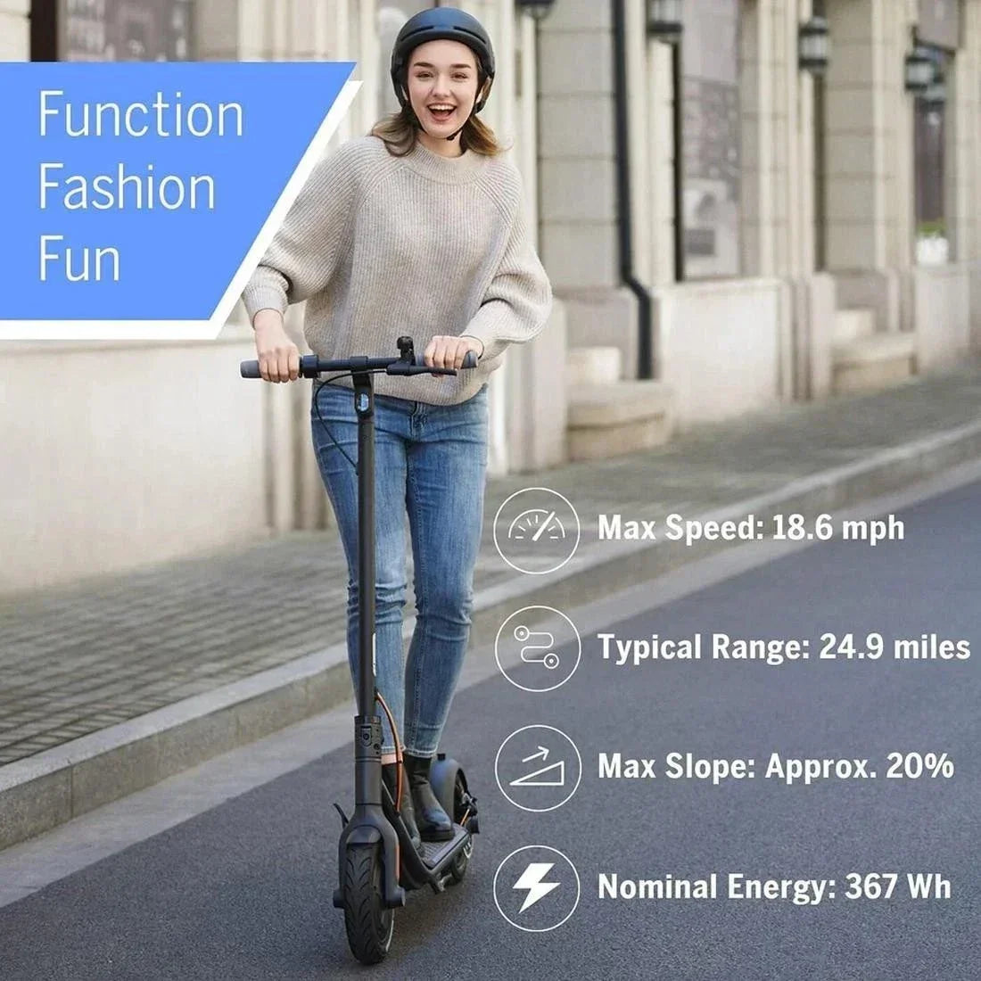 Woman riding electric scooter with max speed 18.6 mph and 24.9 miles range on urban street
